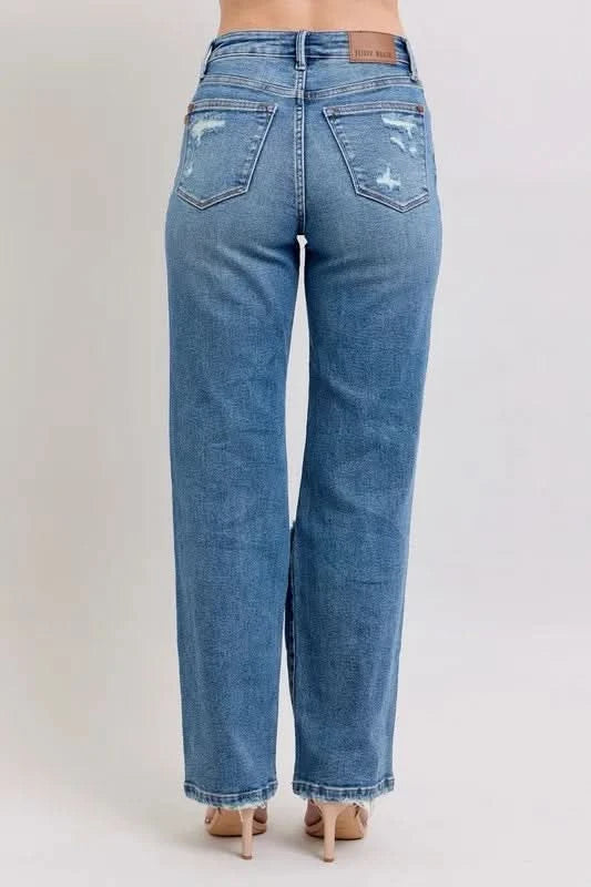 Judy Blue Full Size High Waist Heavy Destroy Straight Jeans MD