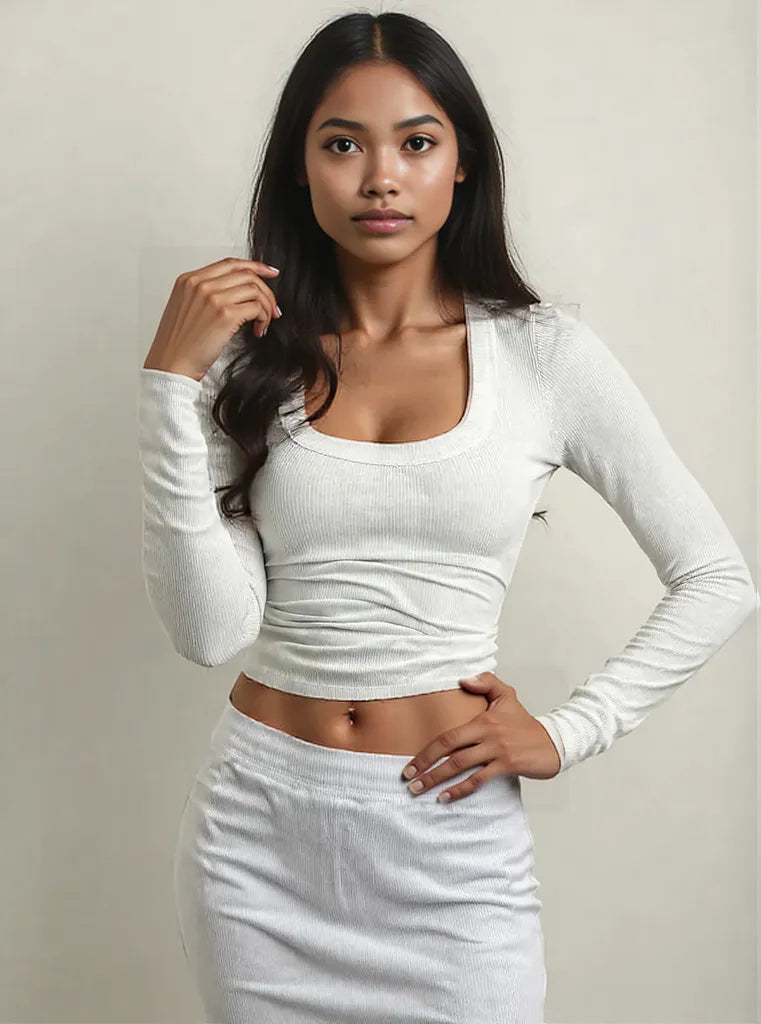 Square Neck Long Sleeve T-Shirt White