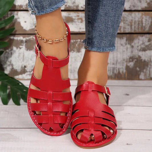 Round Toe Flats Sandals Red