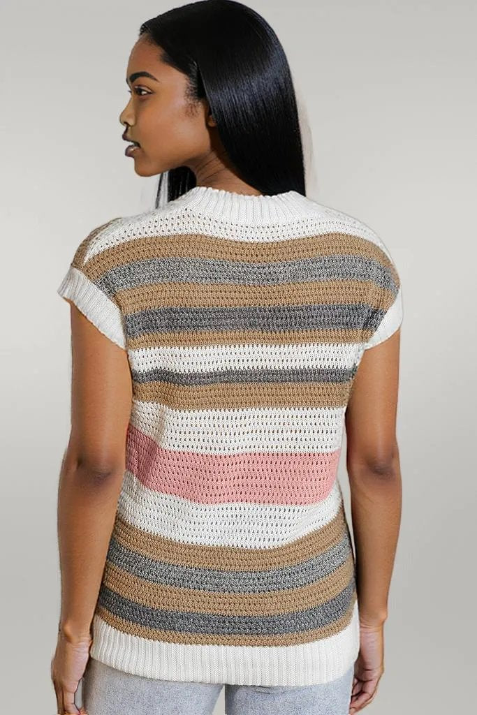 Pink Stripe Color Block Eyelet Knit Short Sleeve Sweater Tee