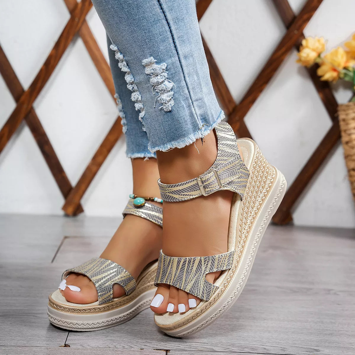 Open Toe Wedge Sandals Grey