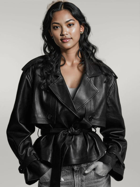 Leather Belted Trench Jacket Black