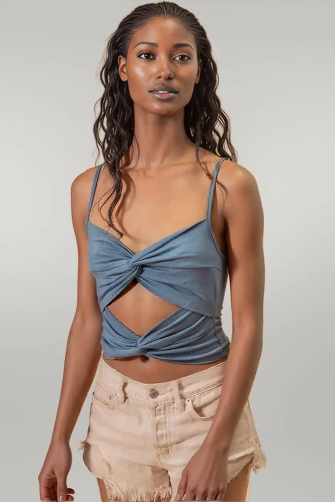 BiBi Rayon Span Jersey Knit Double Twist Front Cami Top