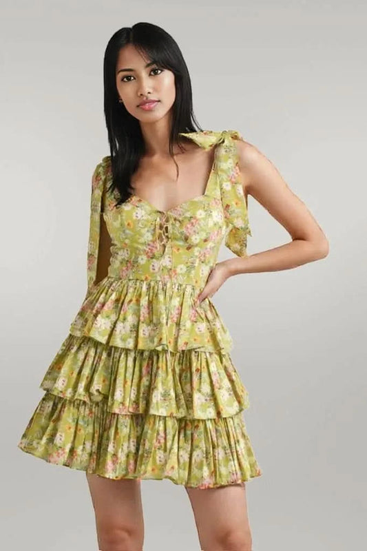 MABLE Floral Print Shoulder Tie Layered Mini Dress Kiwi