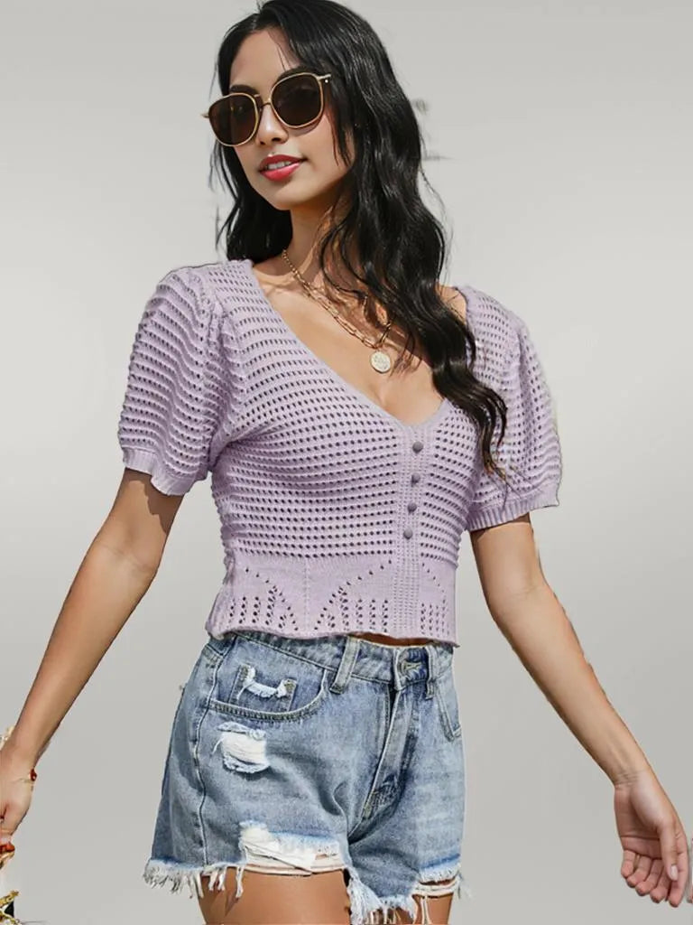Openwork V-Neck Short Sleeve Knit Top