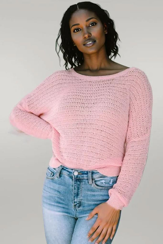 Pink Knitted Eyelets Round Neck Long Sleeve Top Pink 100%Polyester