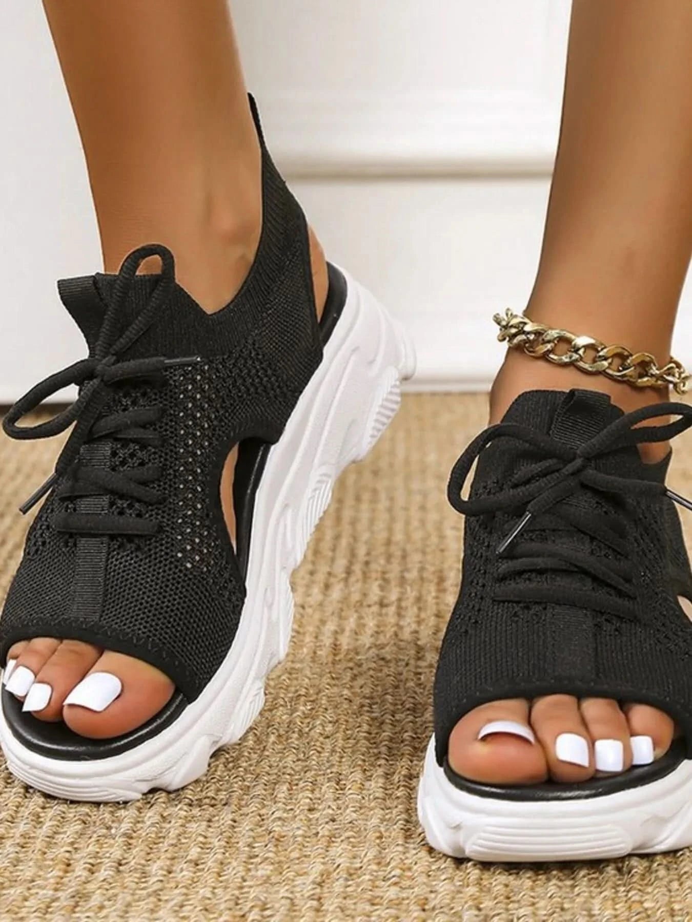Open Toe Lace Up Sandals Black