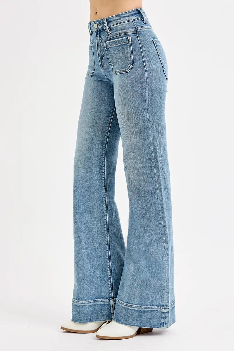 RISEN Full Size High Rise Wide Flare Patch Pocket Jeans