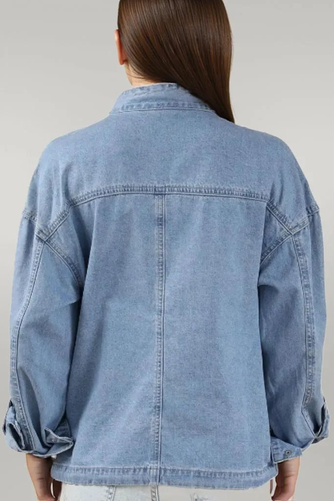 Drawstring Snap Down Denim Jacket with Chest Pockets