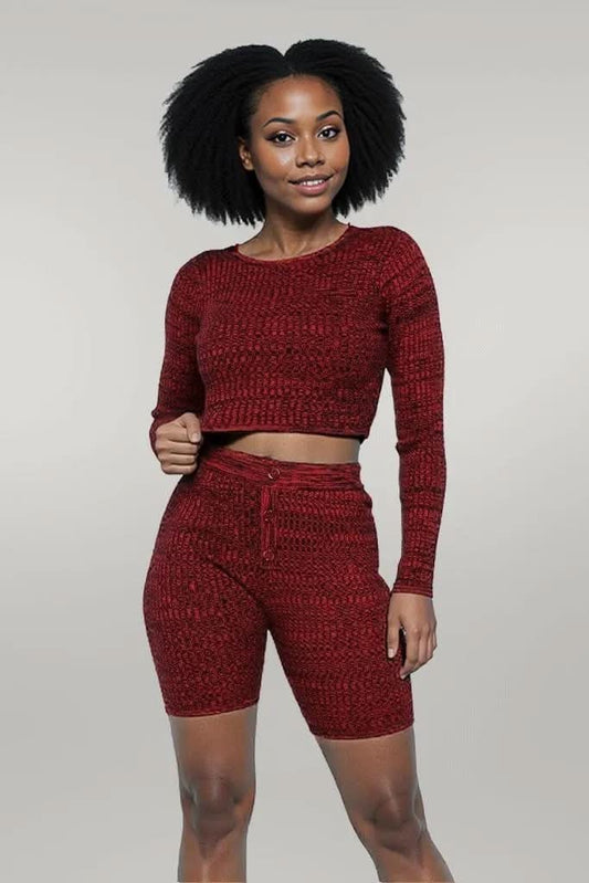 Knit Long Sleeve Cropped Top Knit High-waist Biker Shorts Set L