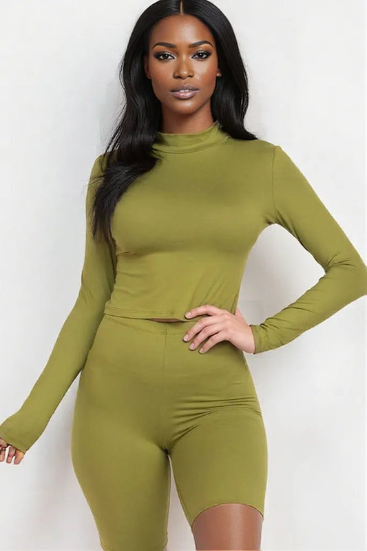 Mock Neck Top & Biker Shorts Set M