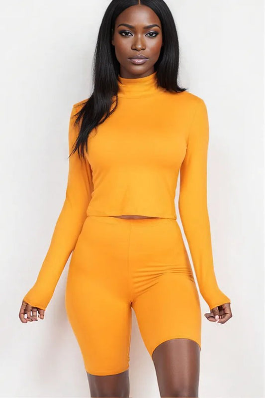 Mock Neck Top & Biker Shorts Set M