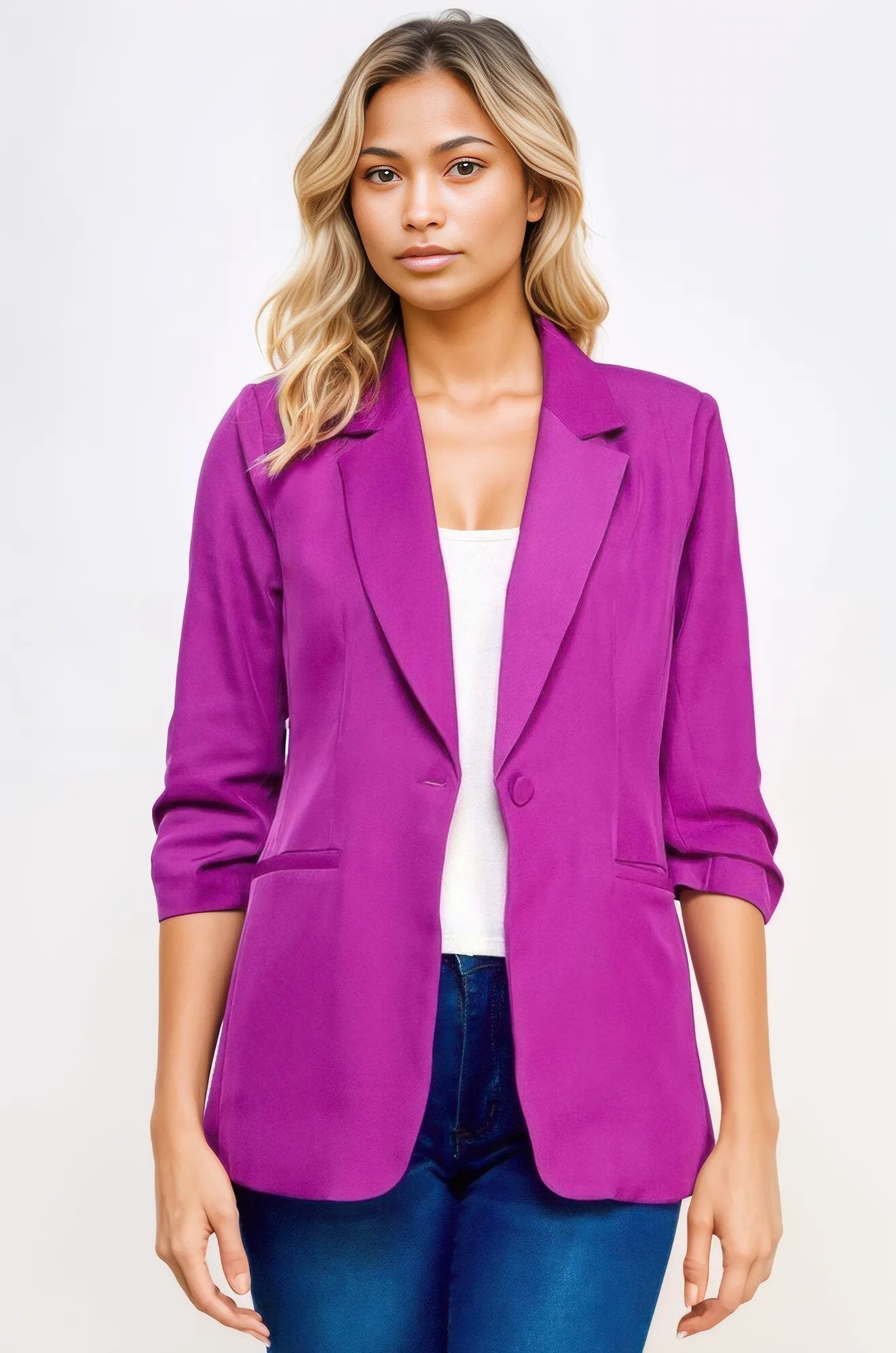 Buttoned Detail 3/4 Sleeve Blazer Orchid