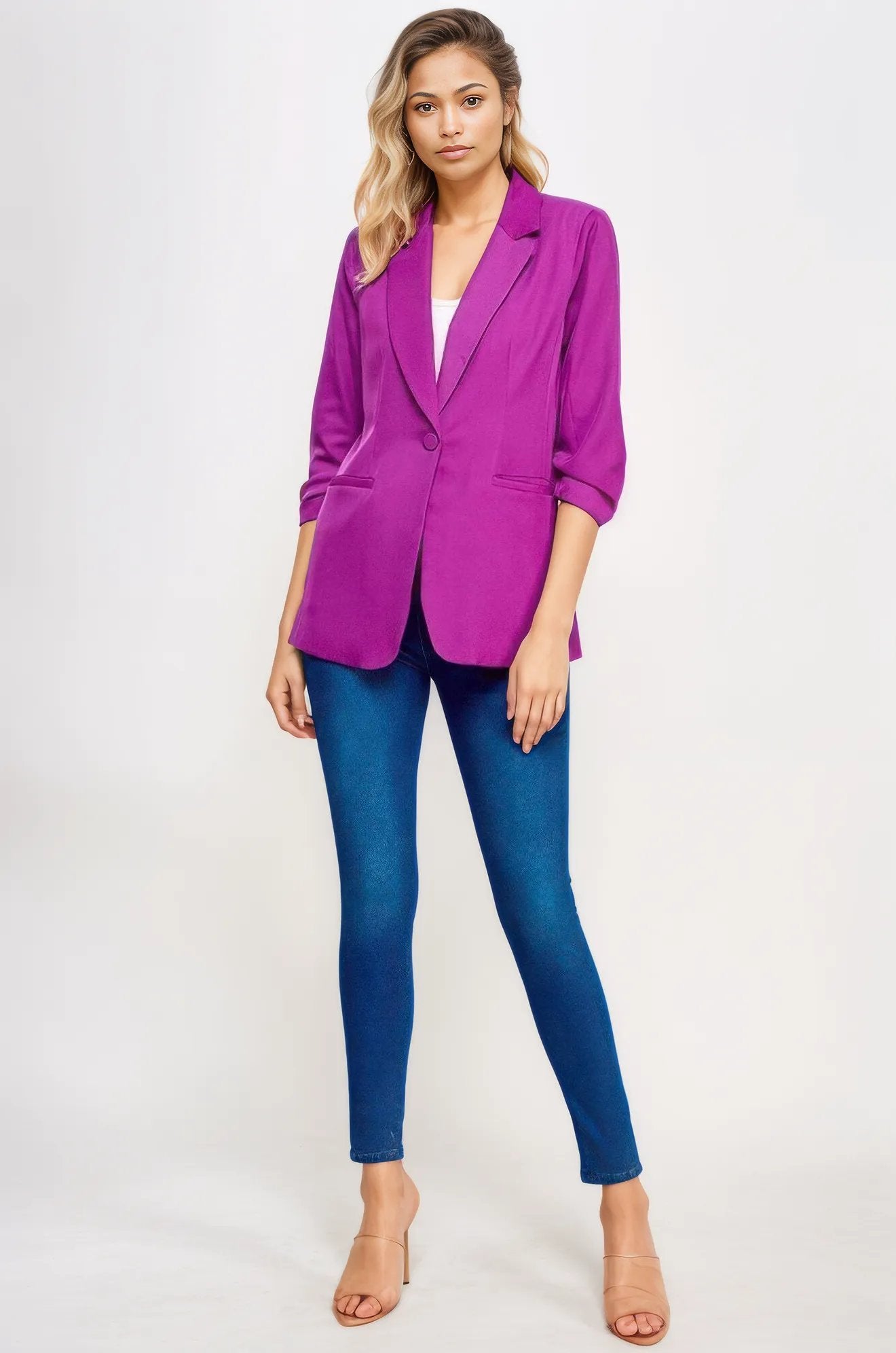 Buttoned Detail 3/4 Sleeve Blazer