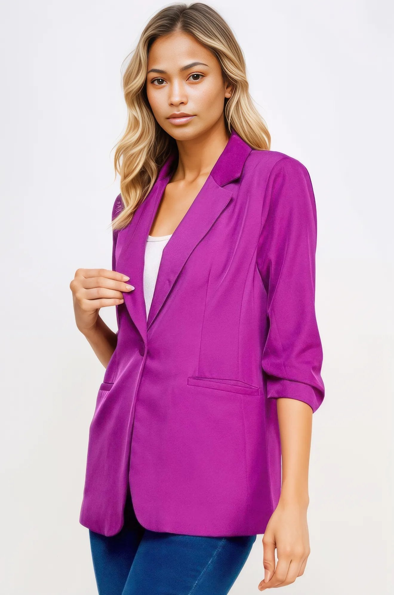 Buttoned Detail 3/4 Sleeve Blazer