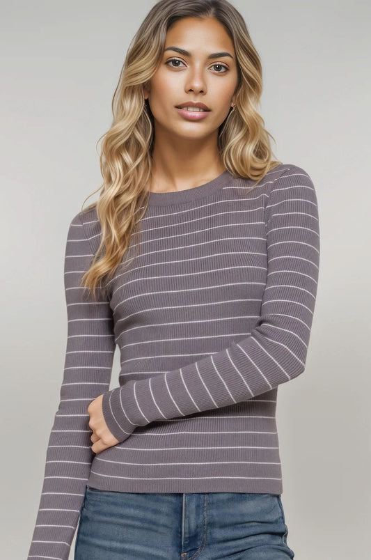 Long slv crew neck stripe sweater Grey White