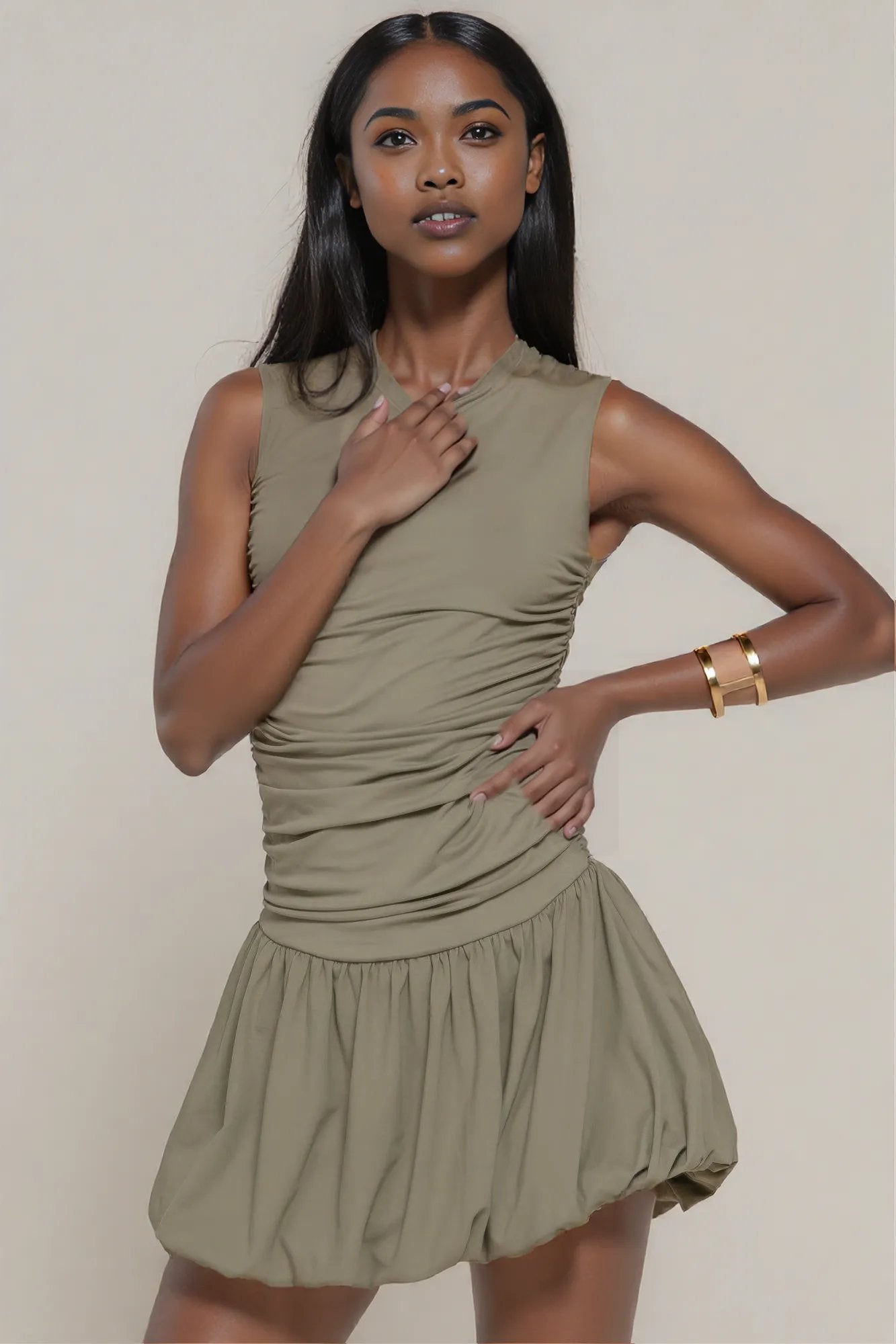 Sleeveless Boat Neck Voluminous Mini Dress L