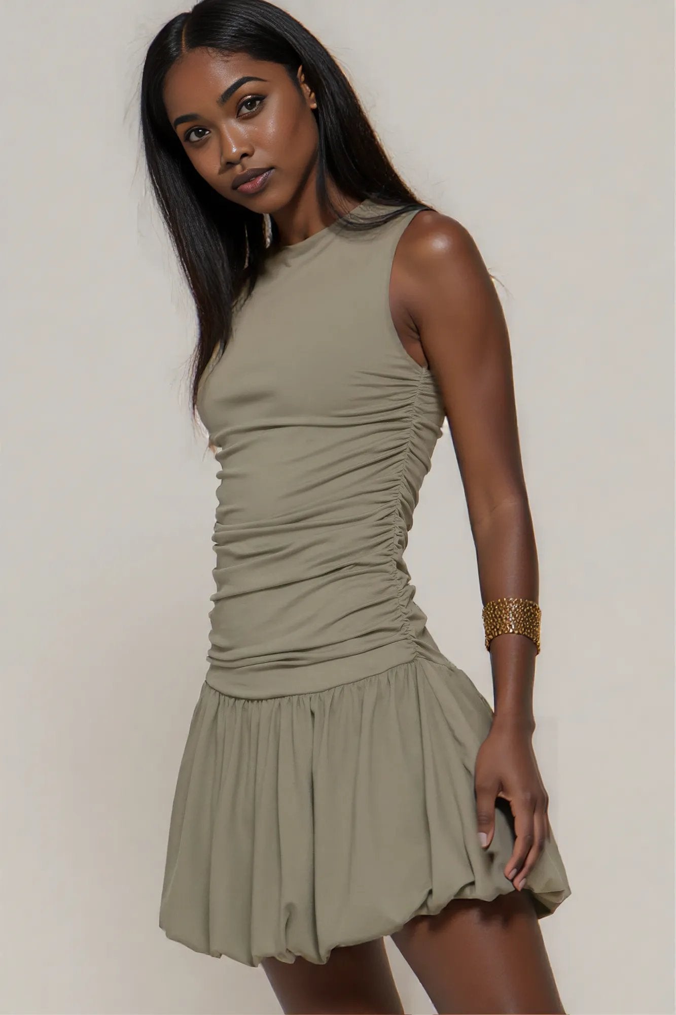 Sleeveless Boat Neck Voluminous Mini Dress