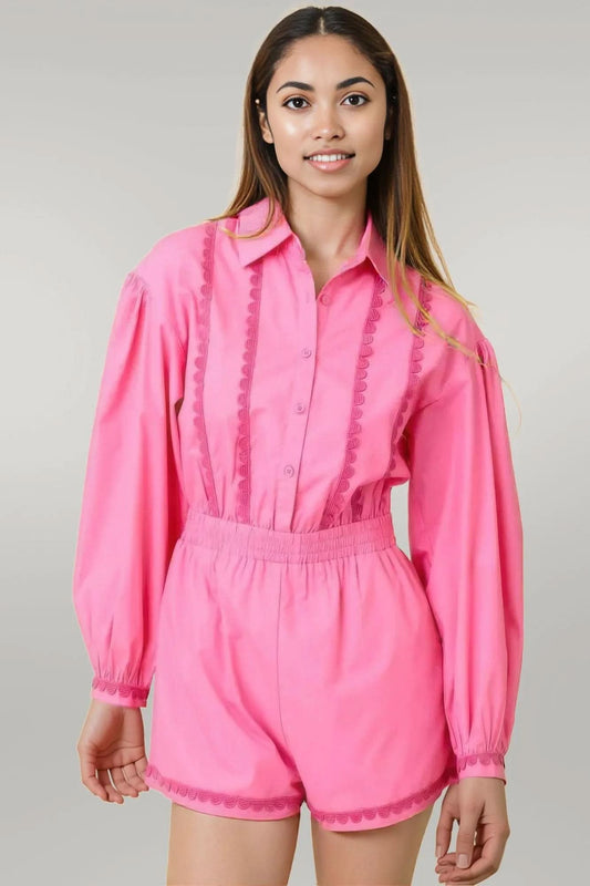 Long Sleeve Romper With Contrasting Scallop Lace L