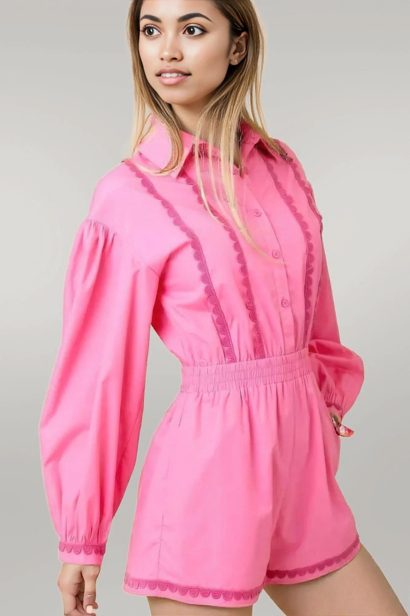 Long Sleeve Romper With Contrasting Scallop Lace