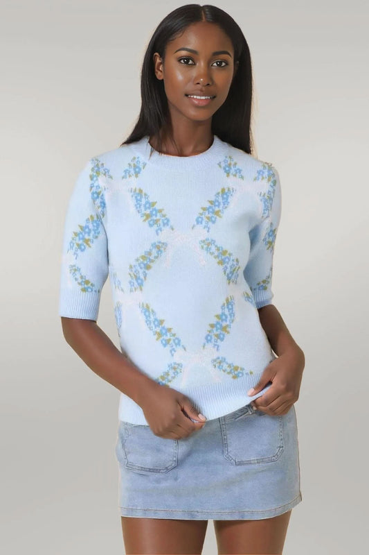 Floral Ribbon Print Sweater Knit Top L