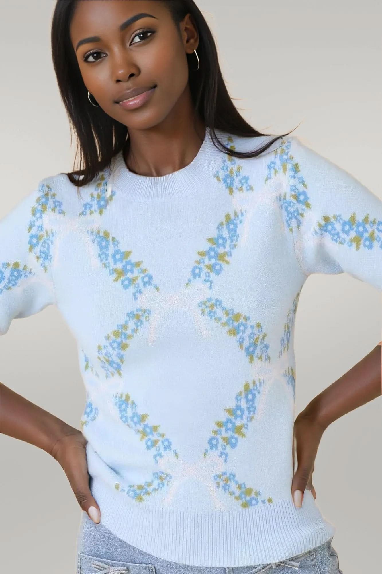 Floral Ribbon Print Sweater Knit Top