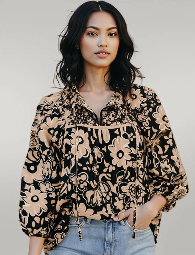 Black Floral Shirred Yoke Bracelet Sleeve Split Neck Boho Blouse