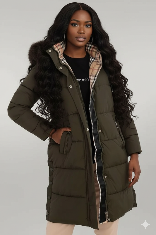 Woman wearing a long green puffer coat with a plaid lining on a white background