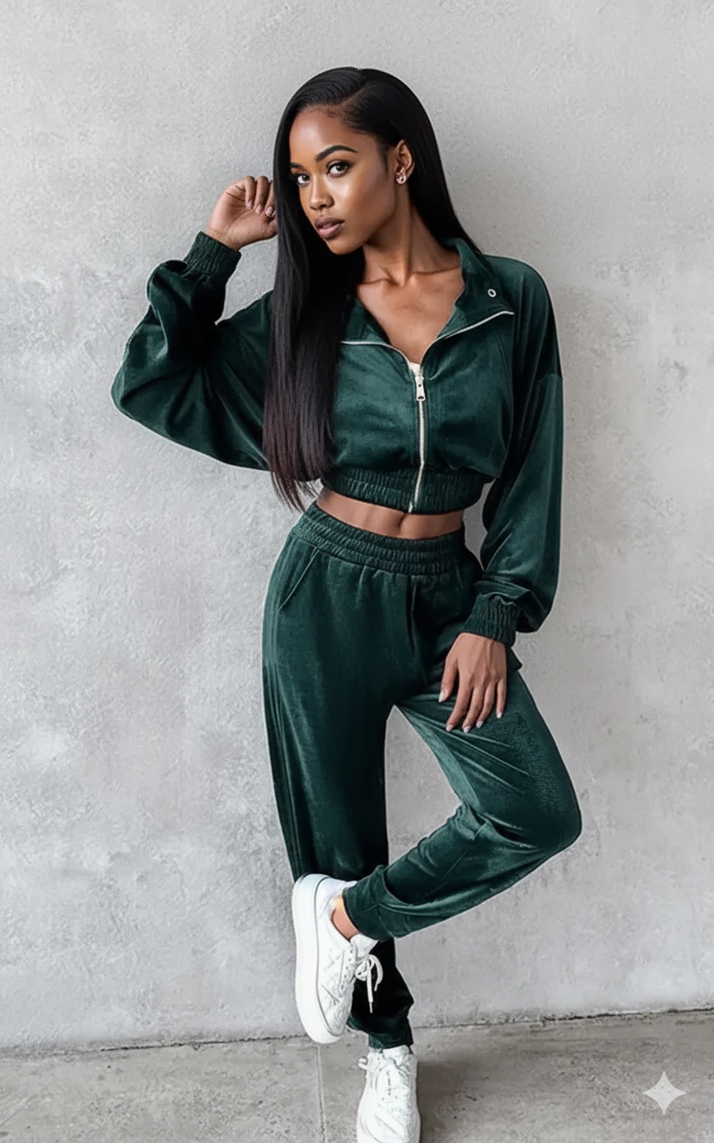 Zip Up Long Sleeve Cropped Top and Joggers Set