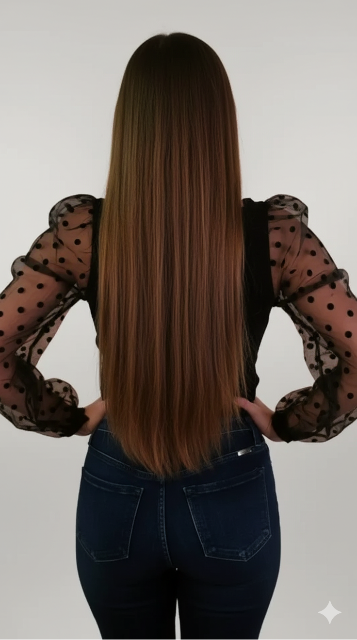Person with long brown hair wearing a polka dot blouse and dark jeans on a plain background