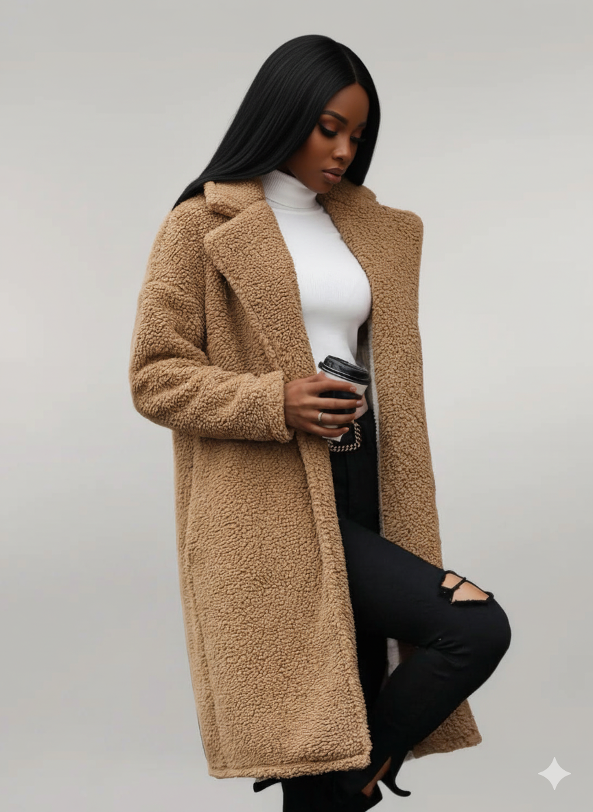 Woman wearing a long beige teddy coat on a plain background