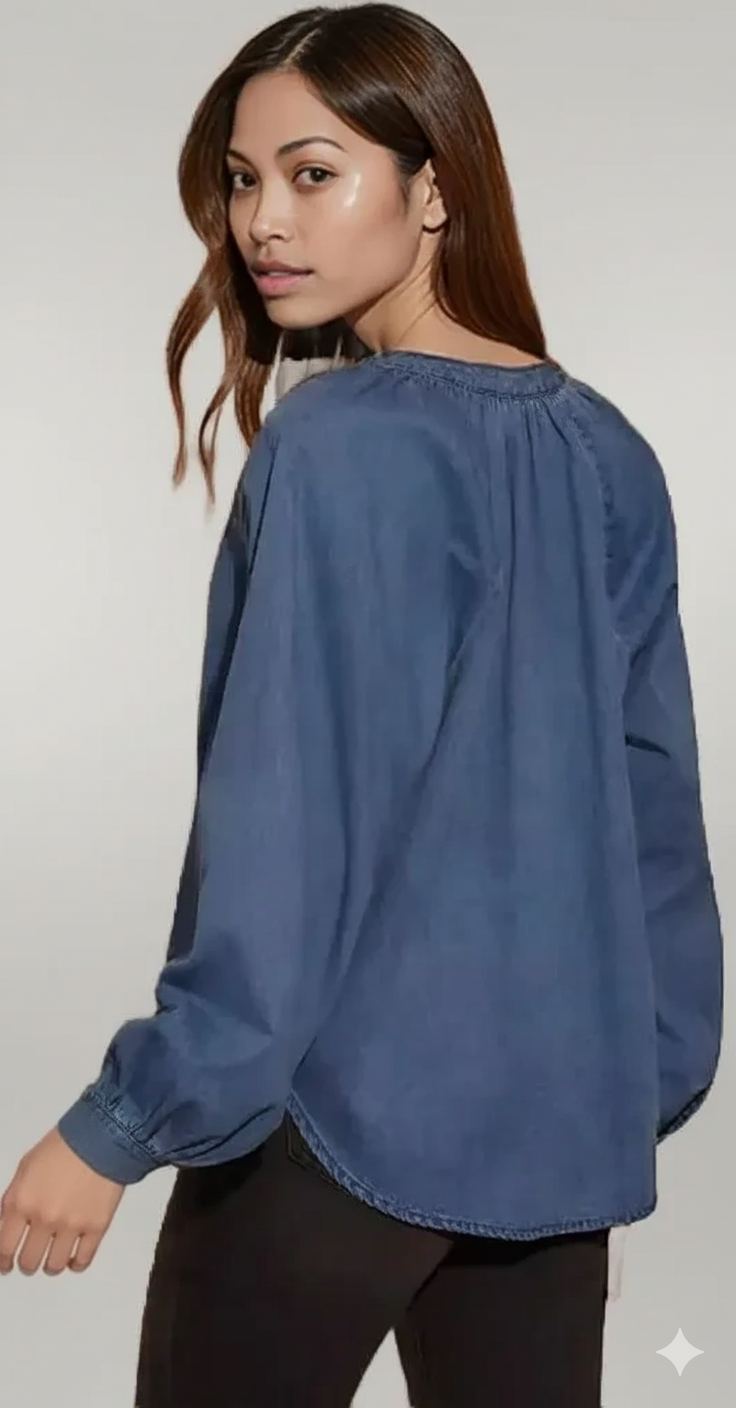 Plunge Button Up Long Sleeve Denim Top