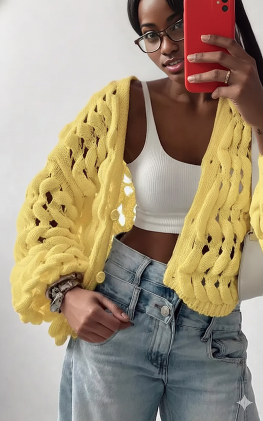 Openwork Button Up V-Neck Cardigan