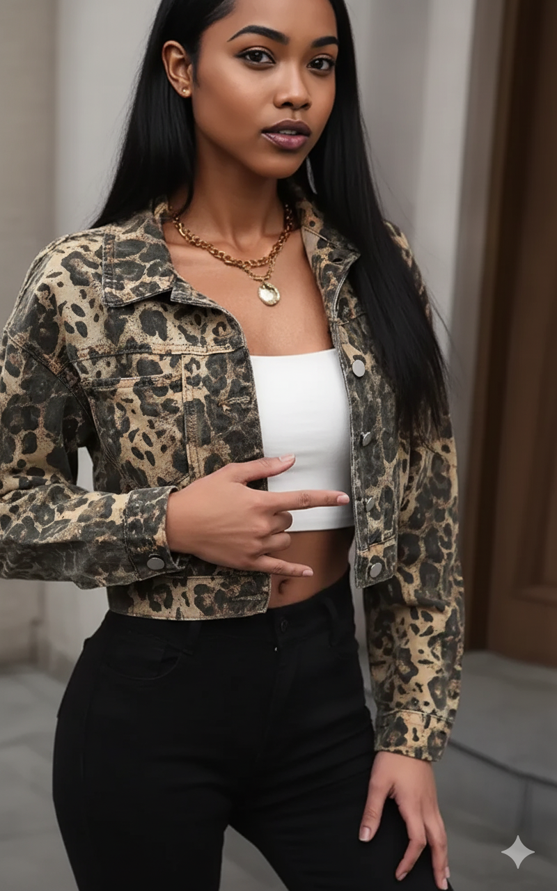 Leopard Button Up Cropped Denim Jacket