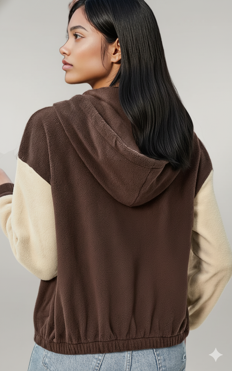 Perfee Two-Tone Zip-Up Dropped Shoulder Hooded Jacket