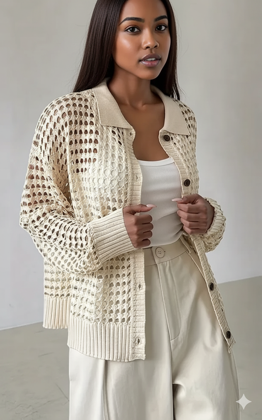 Hollow Out Knit Button Front Cardigan