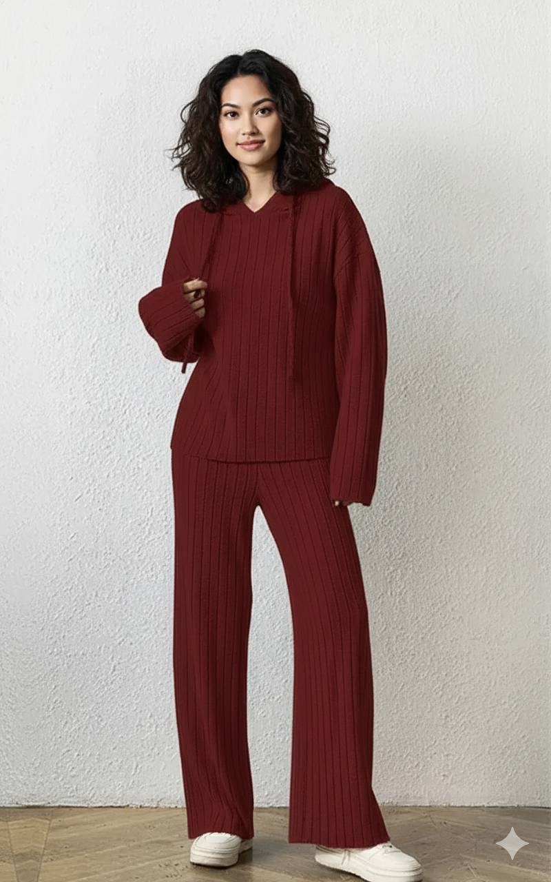 Ribbed Drawstring Hoodie and Pants Set