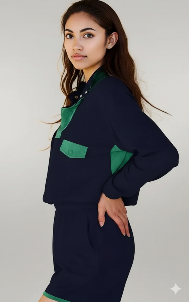Color Block Patchwork Half Button Pullover and Shorts 2pcs Outfit