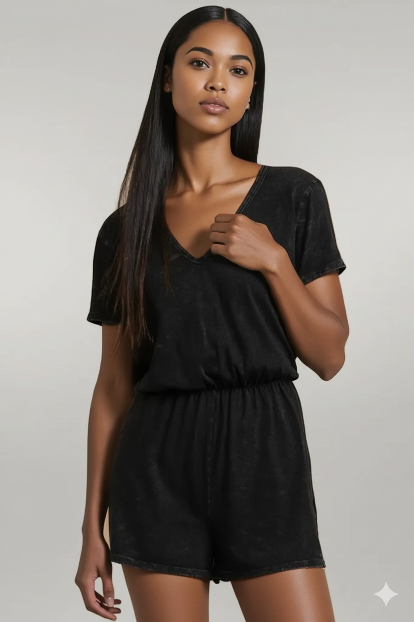 Black Acid Wash Open Back Tie Detail Short Sleeve Romper