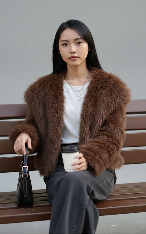 Woman sitting on a bench wearing a brown fur coat, white shirt, and dark pants.