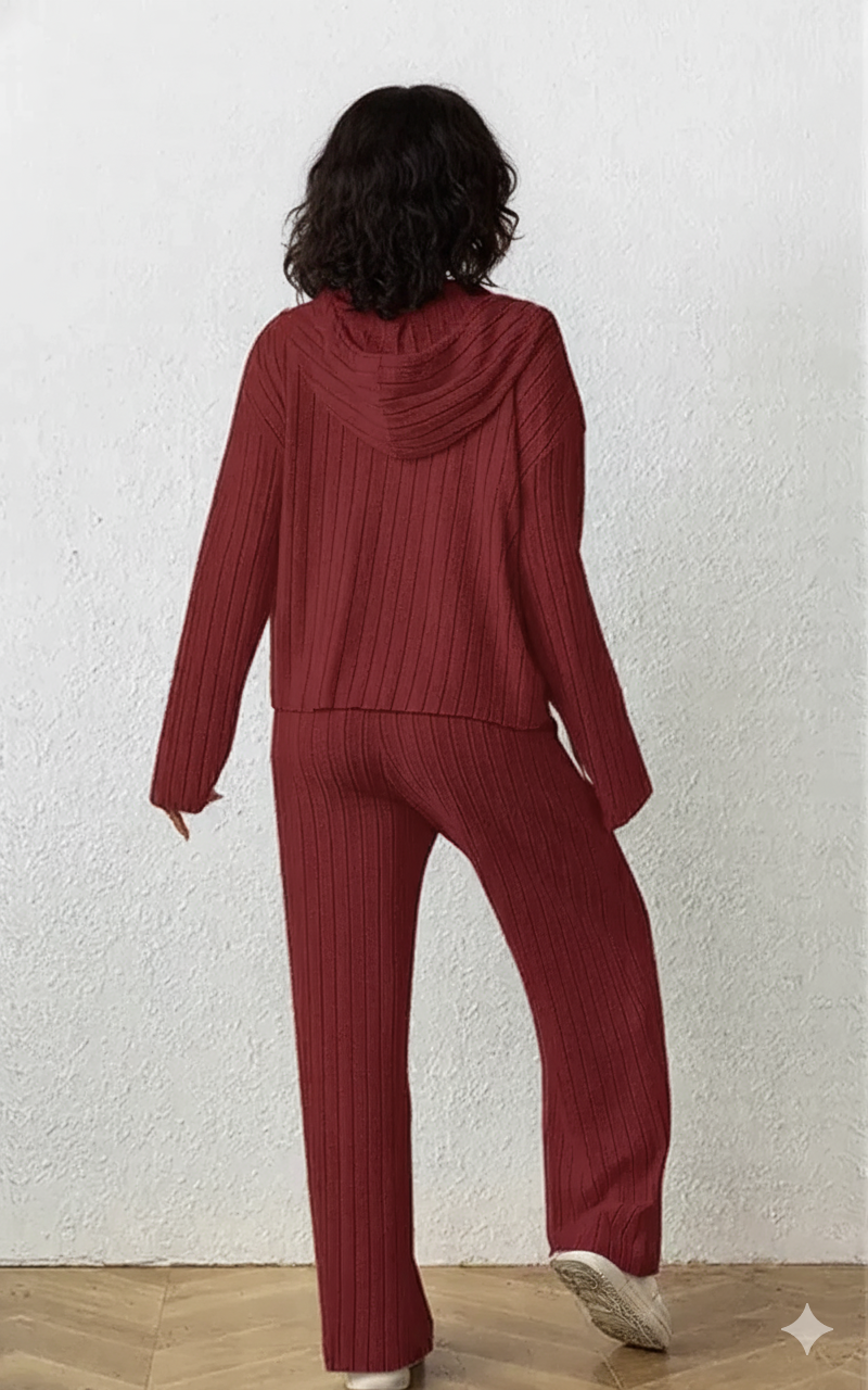 Ribbed Drawstring Hoodie and Pants Set