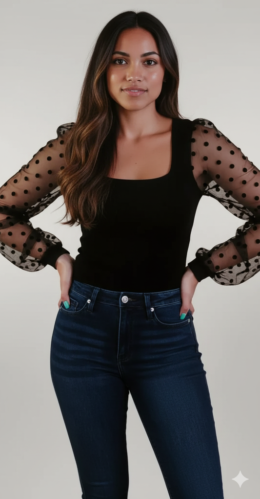 Mesh Patchwork Square Neck Blouse