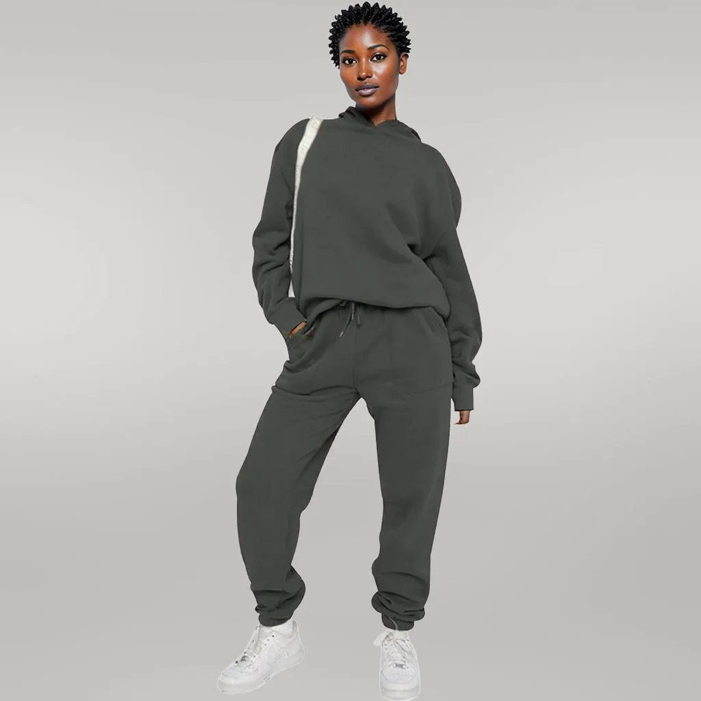 Solid Color Hooded Sweater Pants Set Women Dark Grey