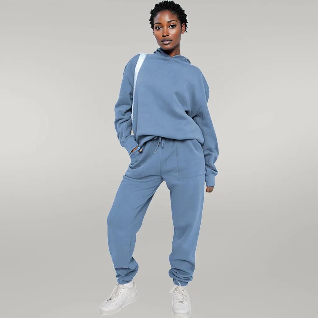 Solid Color Hooded Sweater Pants Set Women Blue