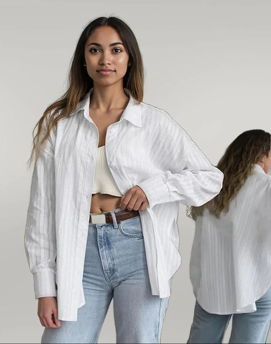 French White Convex Jacquard Collared Loose Shirt