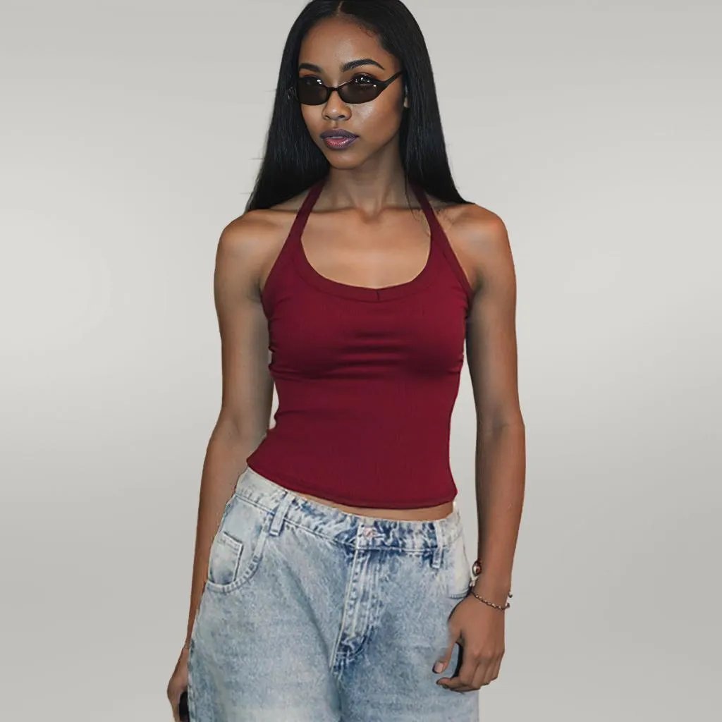 Knitted Vest Sexy Slim Halter Solid Color Top Burgundy