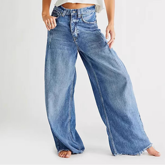 Retro Washed High Waist Drooping Straight Wide Leg Denim Trousers Navy Blue