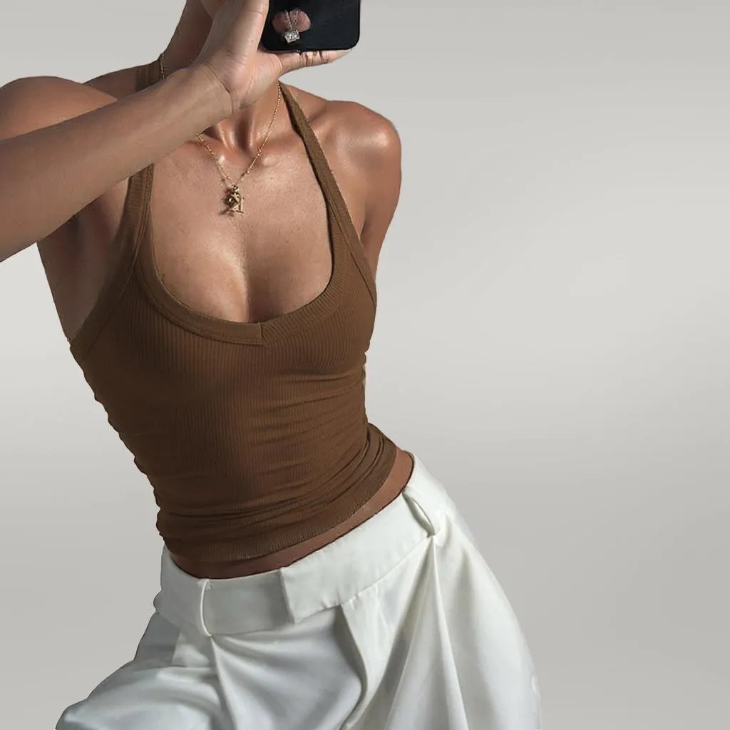 Knitted Vest Sexy Slim Halter Solid Color Top Brown