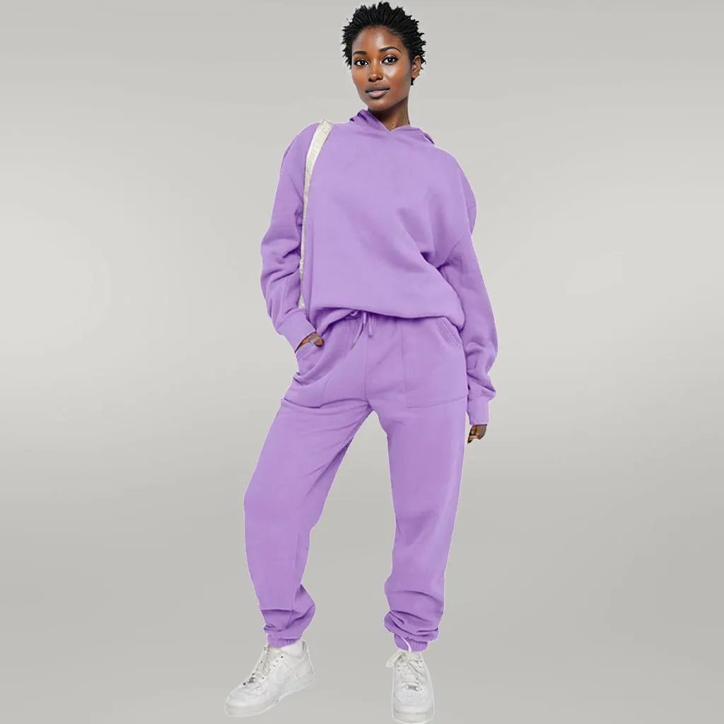 Solid Color Hooded Sweater Pants Set Women Purple