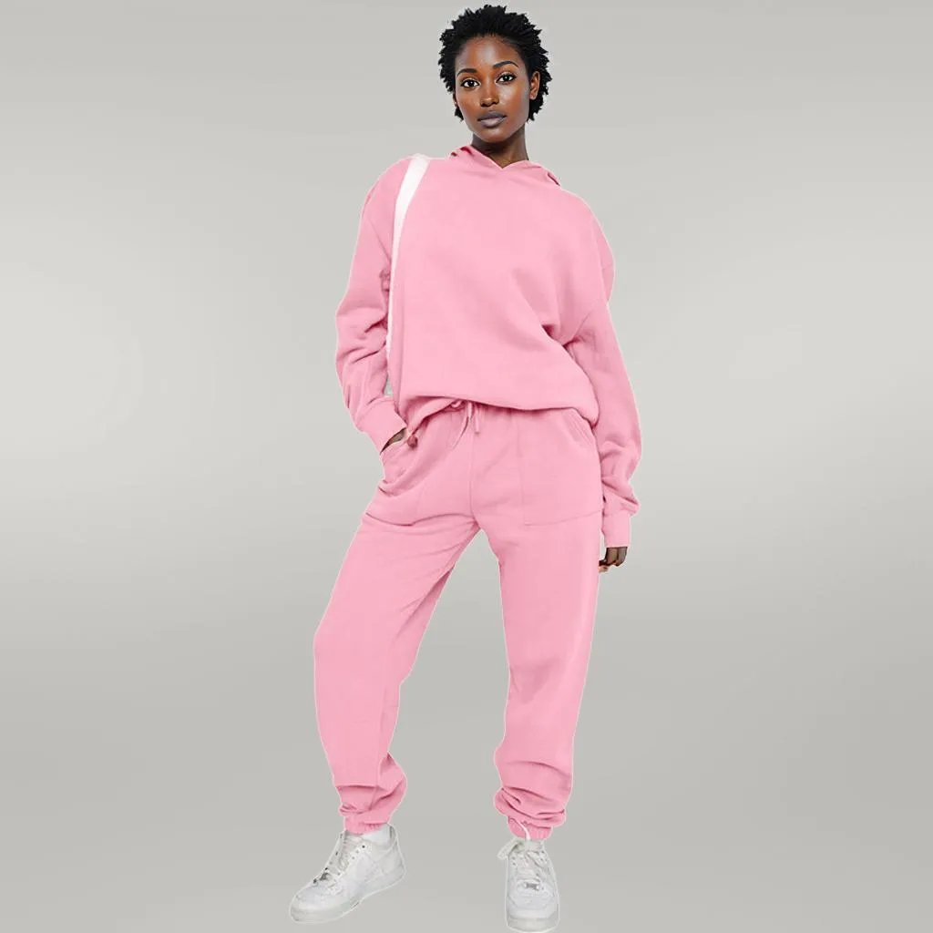 Solid Color Hooded Sweater Pants Set Women Pink